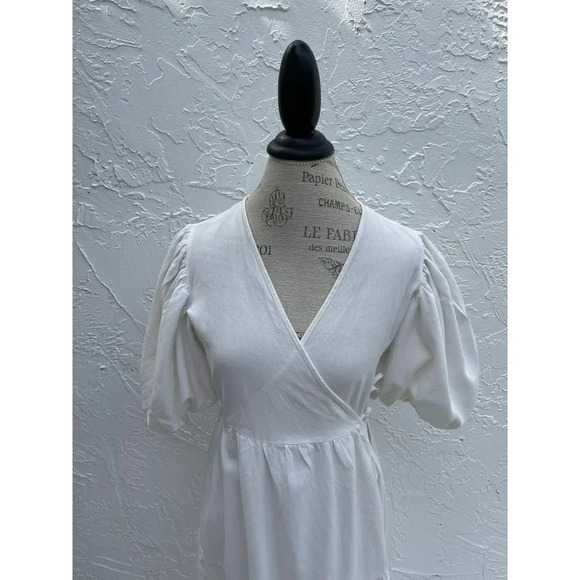 Nasty Gal Collection Womens Cotton Puff Sleeve Wrap Midi Dress White Sz 4 - Picture 4 of 9